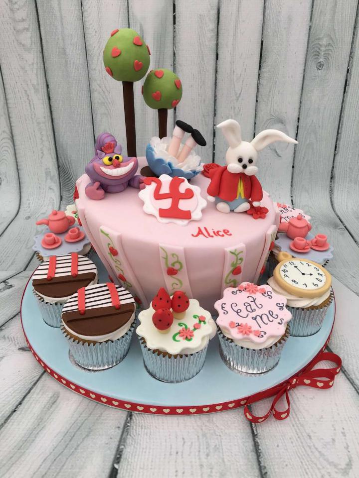 Alice in Wonderland Birthday Cake with Cupcakes