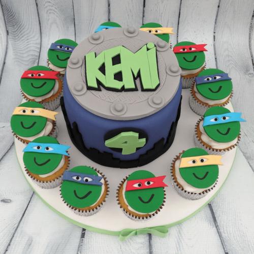Teenage Mutant Ninja Turtles Birthday Cake with Cupcakes